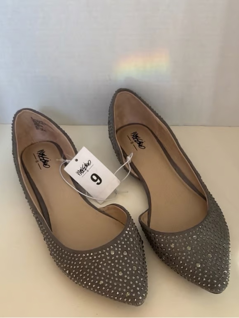 Studded Pointed-Toe Ballet Flats in Gray